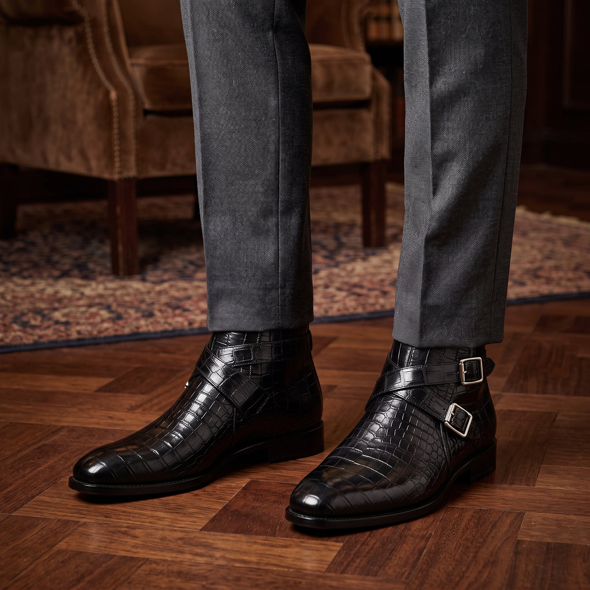 Men's Black Alligator Leather Ankle High Jodhpur Boots