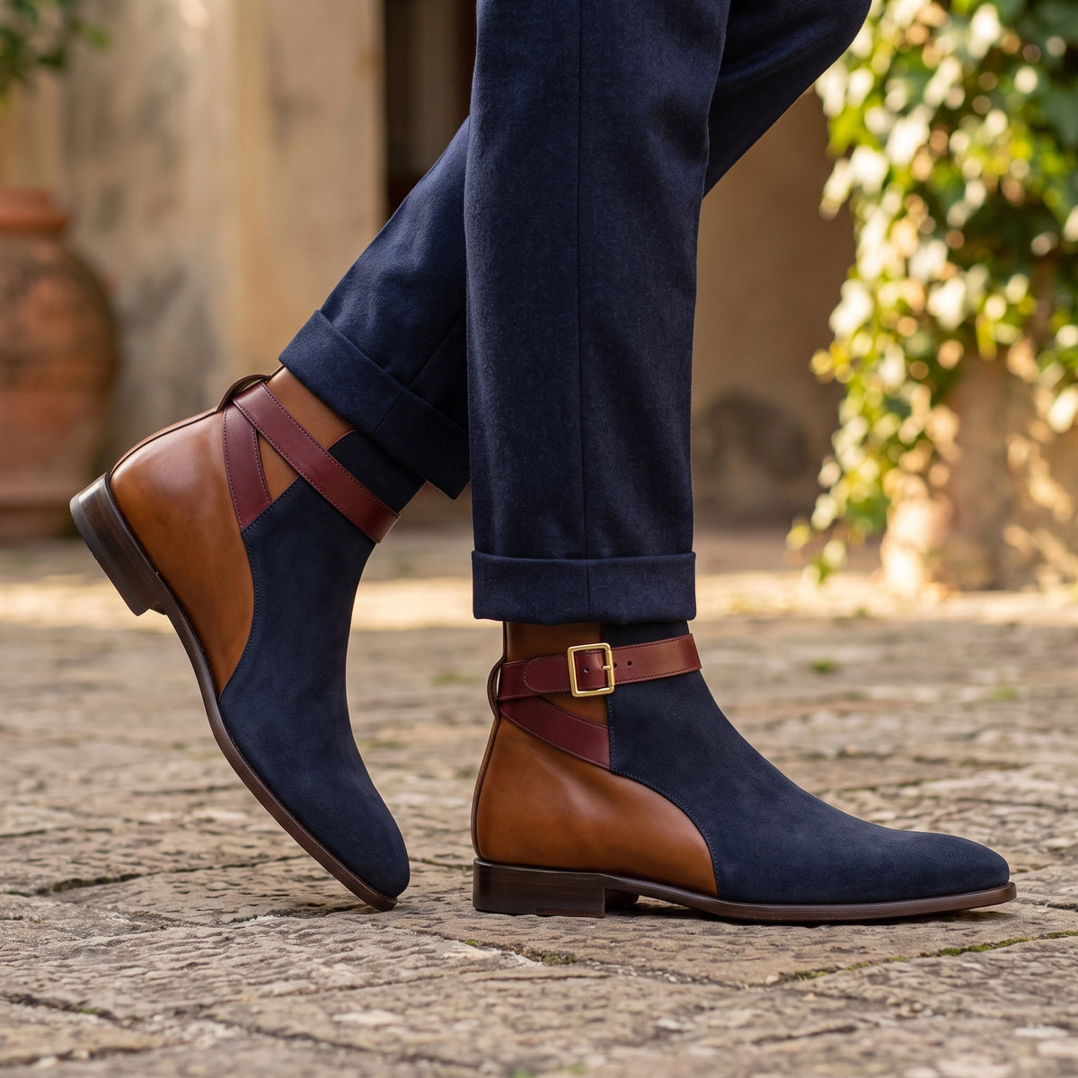 Men's Brown & Blue Suede Leather Jodhpur Boots