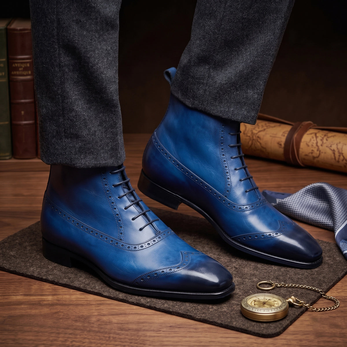 Men's Blue Leather Wingtip Oxford Dress Boots