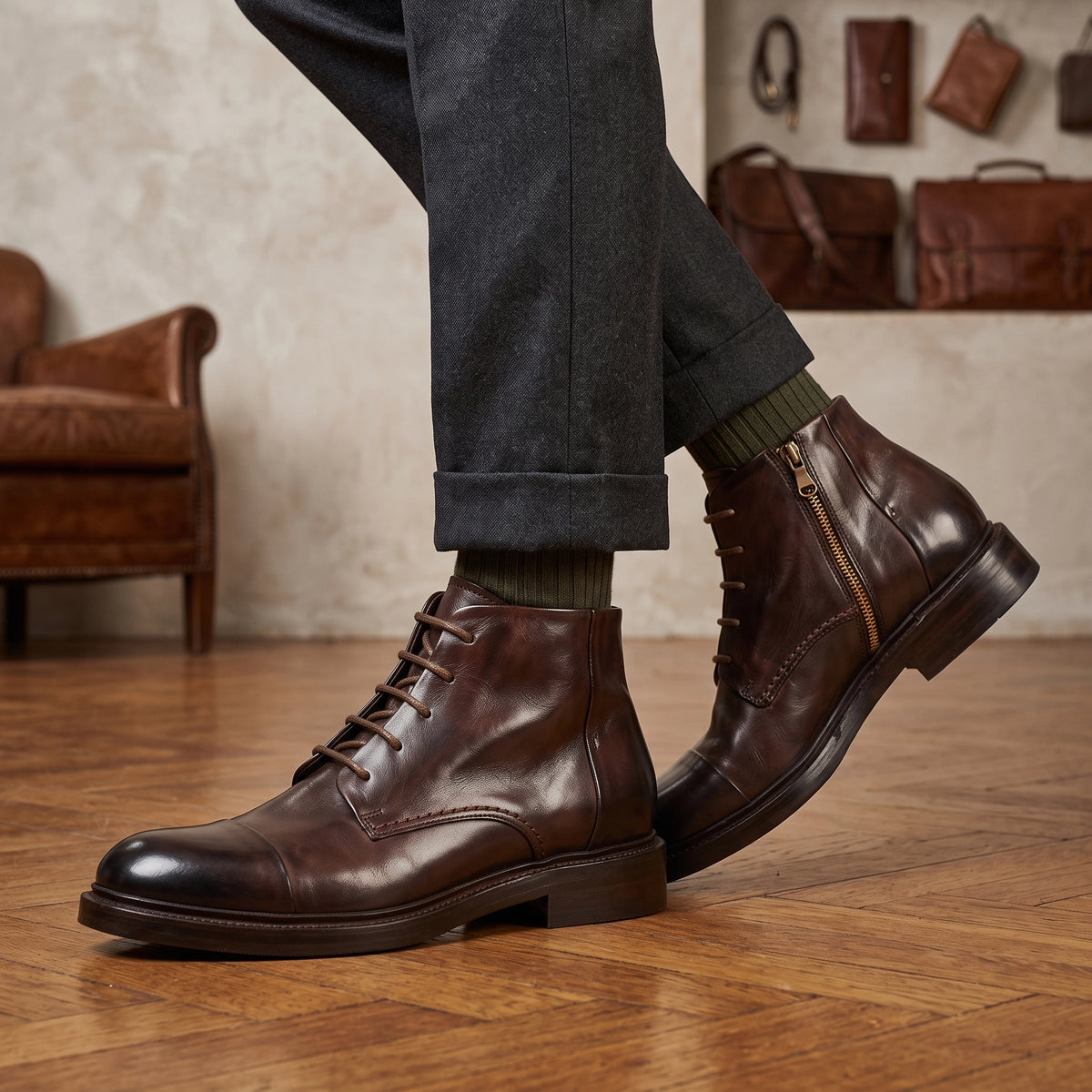 Mittelgroßer Amphibienstiefel für Herren aus gewaschenem Leder in Dunkelbraun