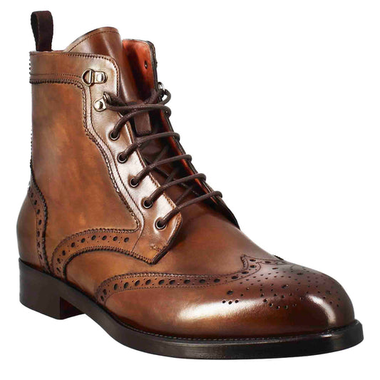 Men's high amphibious brogue boot in tan leather