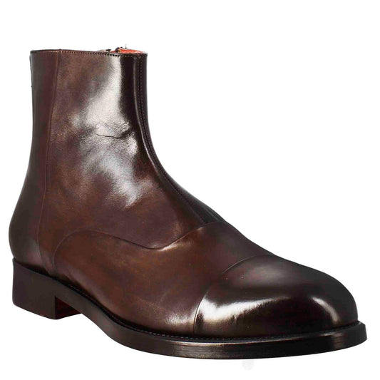 High men's ankle boot in chocolate-colored leather with zip closure