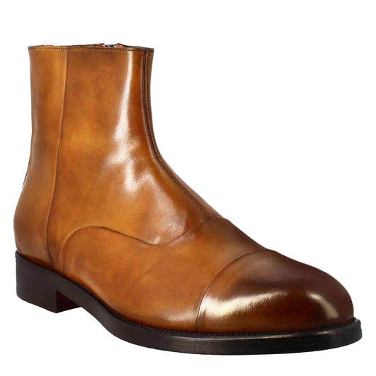 Men's ankle boot in light brown leather with zip closure