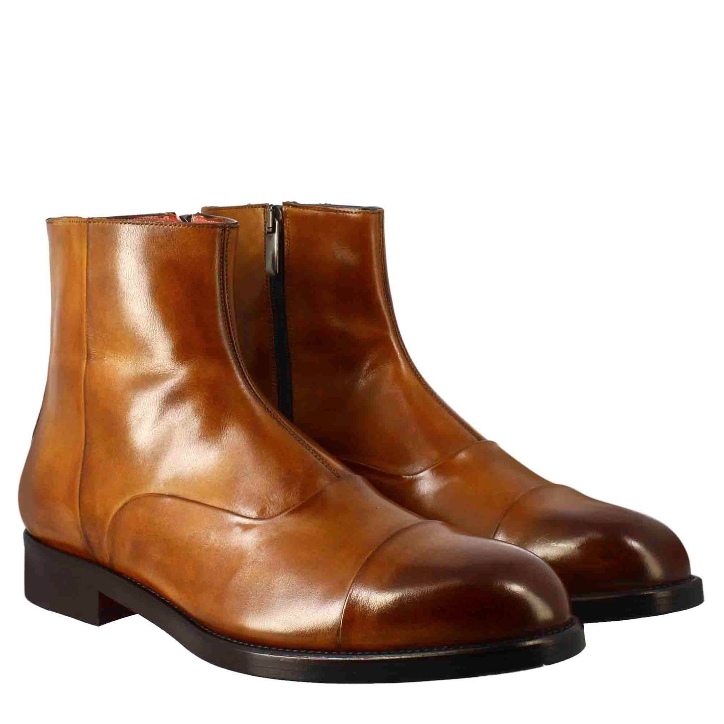 Men's ankle boot in light brown leather with zip closure