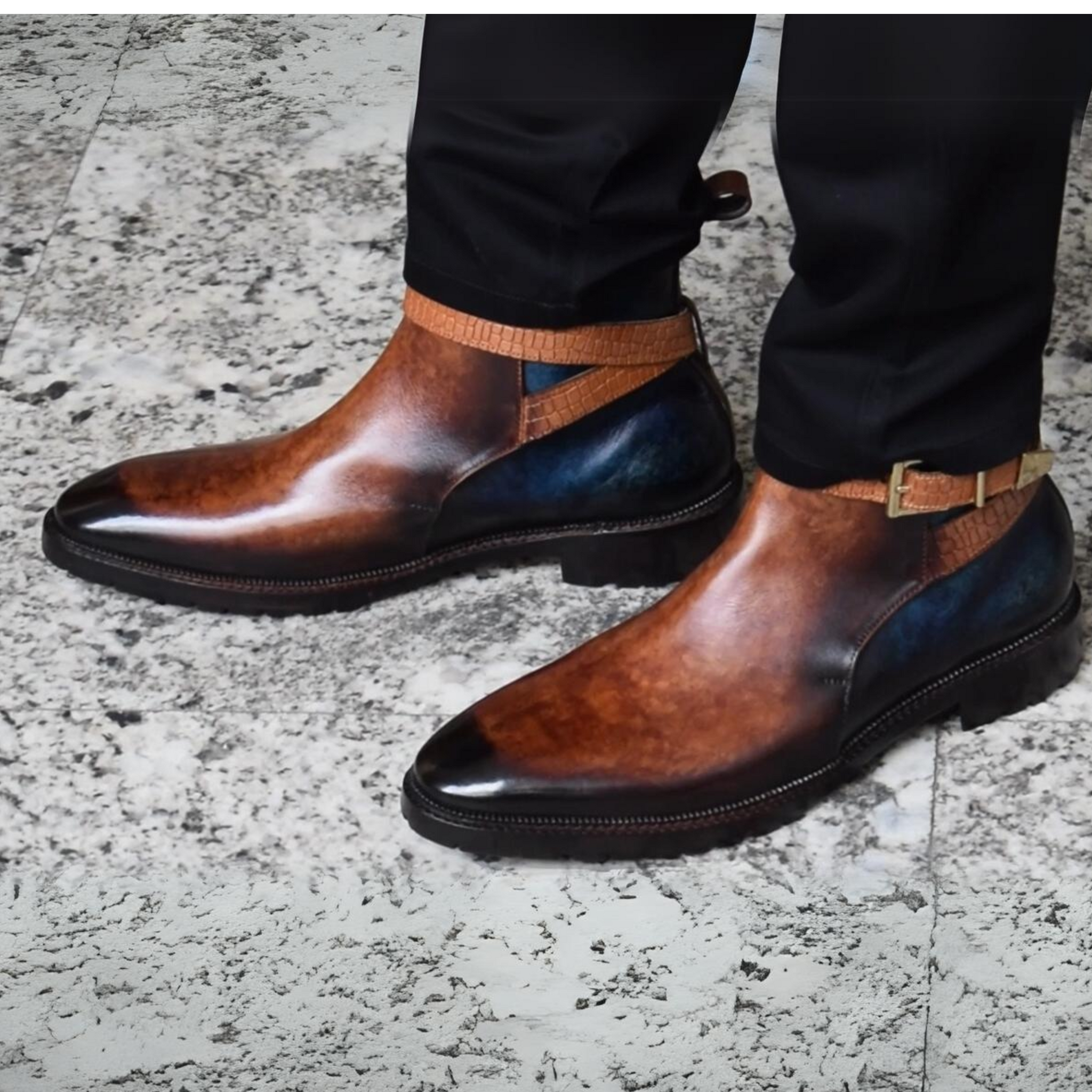 Bottes à brides croisées pour hommes - Marron et bleu