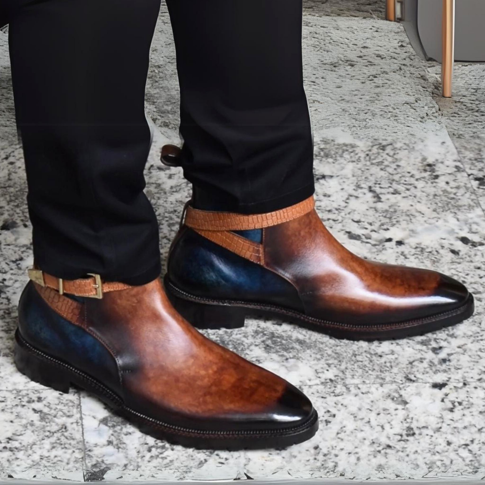 Bottes à brides croisées pour hommes - Marron et bleu