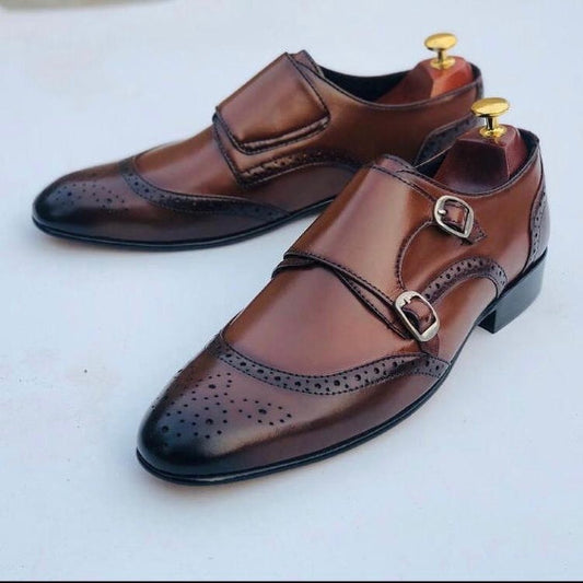 Men's Brown Patina Leather Double Monk Shoes