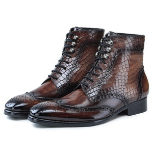 Wingtip Lace Up Boots- Croc Brown