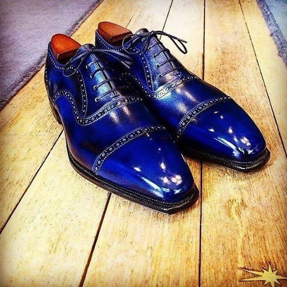 Chaussures Oxford pour hommes en cuir véritable patiné bleu