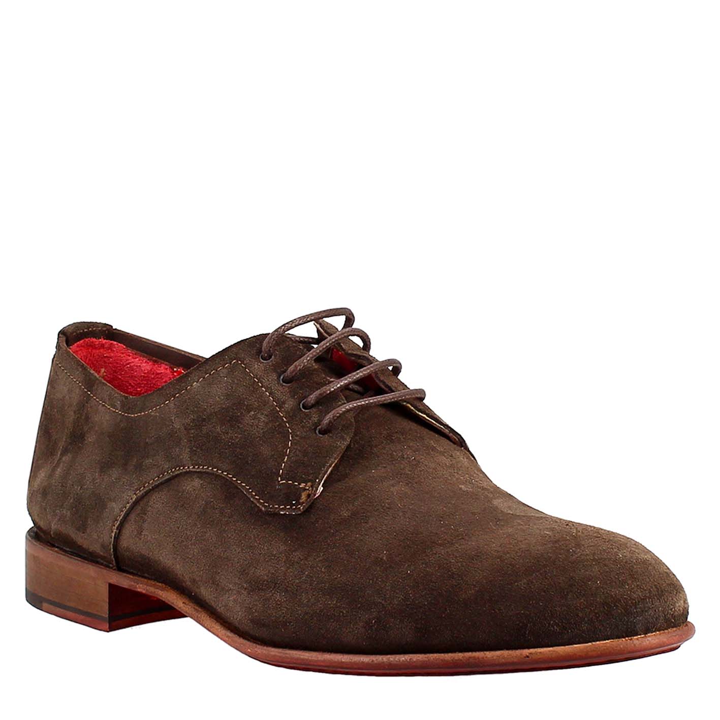 Elegant men's brown derby in suede leather