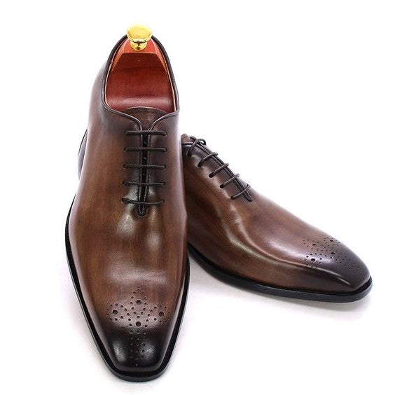 Handmade Men's Brown Patina Leather Formal Dress Shoes