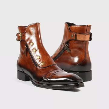 Men's Brown Patina Leather Ankle High Military Boots