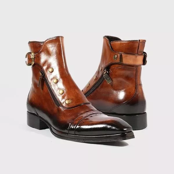 Men's Brown Patina Leather Ankle High Military Boots