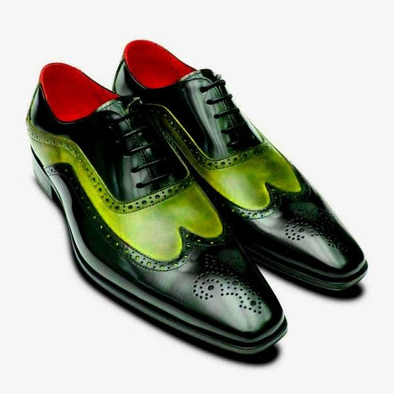 Men's Dual Tone Green Leather Wingtip Brogue Oxfords