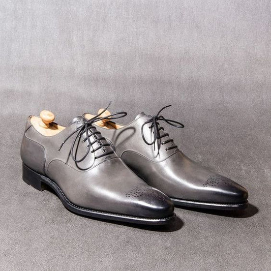 Handmade Men's Grey Patina Leather Formal Oxford Shoes