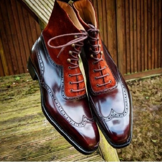 Men's Brown Suede Leather Ankle High Wingtip Boots