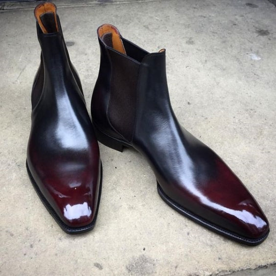 Handmade Burgundy Patina Leather Chelsea Boots