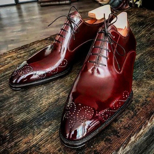 Men's Handmade Ox Blood Leather Medallion Toe Shoes