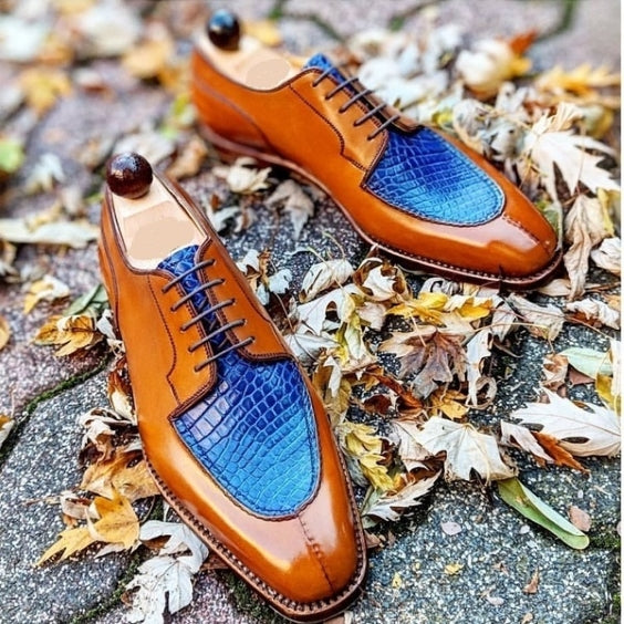 Chaussures Oxford de luxe en cuir marron et bleu pour hommes