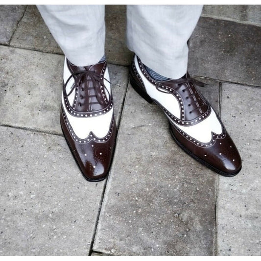 Handmade Men's Brown & White Leather Wingtip Shoes