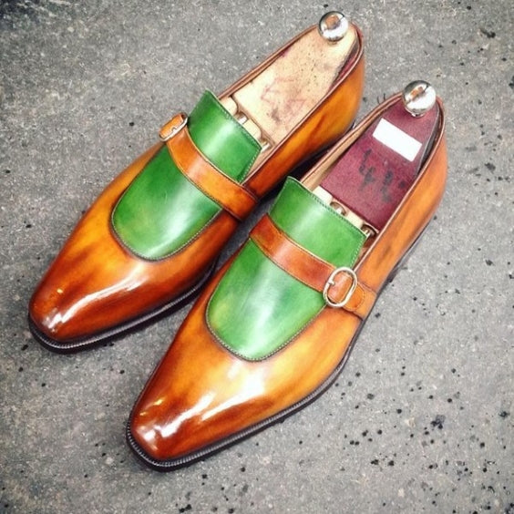 Men's Brown & Green Leather Monk Buckle Dress Loafers