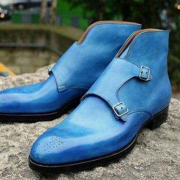 Bottes à double boucle en cuir bleu ciel pour homme