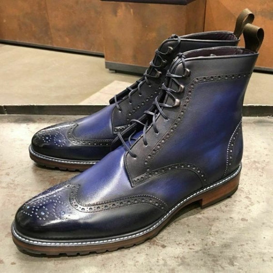 Bottes à bouts ailés en cuir patiné bleu pour hommes faites à la main