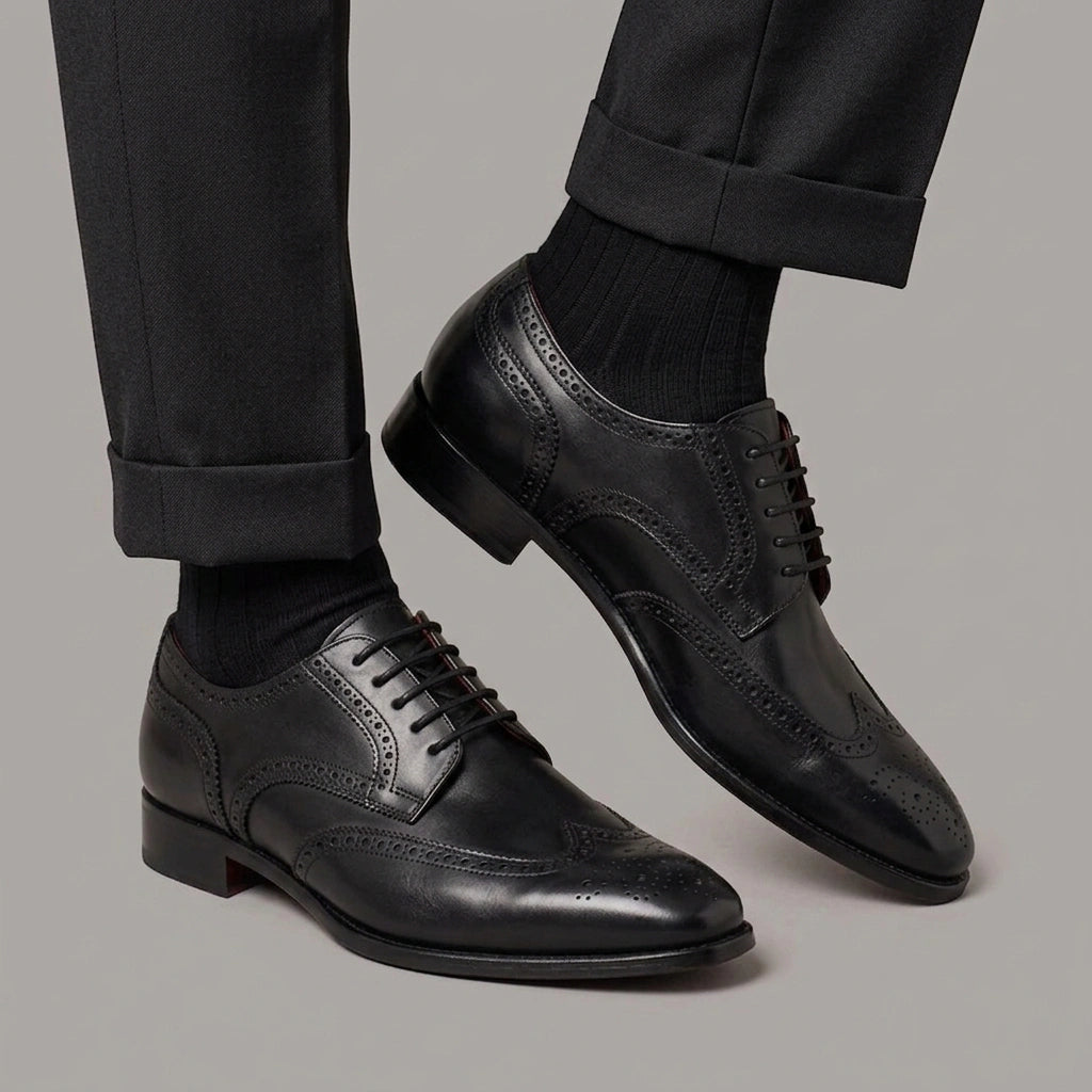 Men's black leather derby with dovetail and square toe