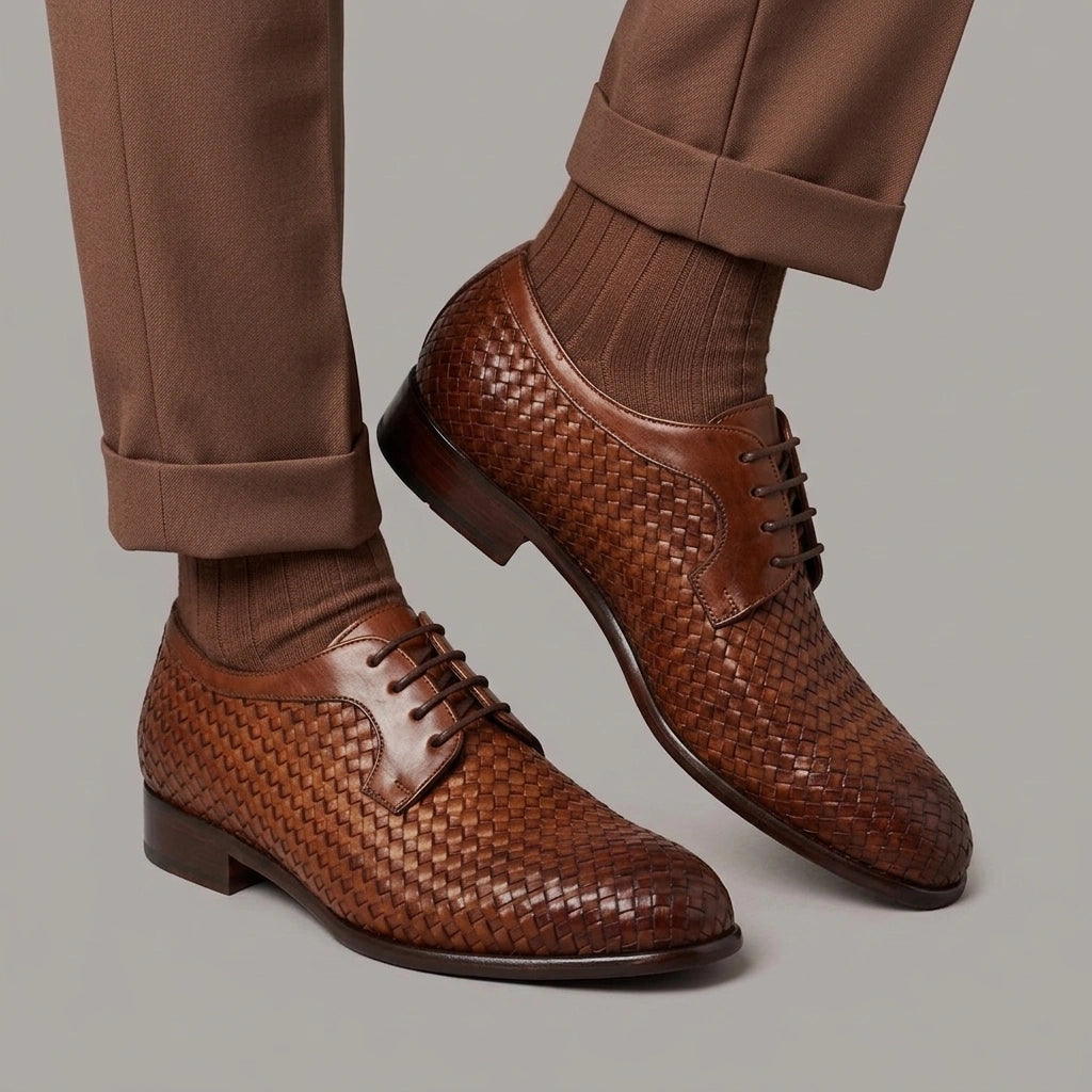 Elegant men's brown derby in woven full grain leather