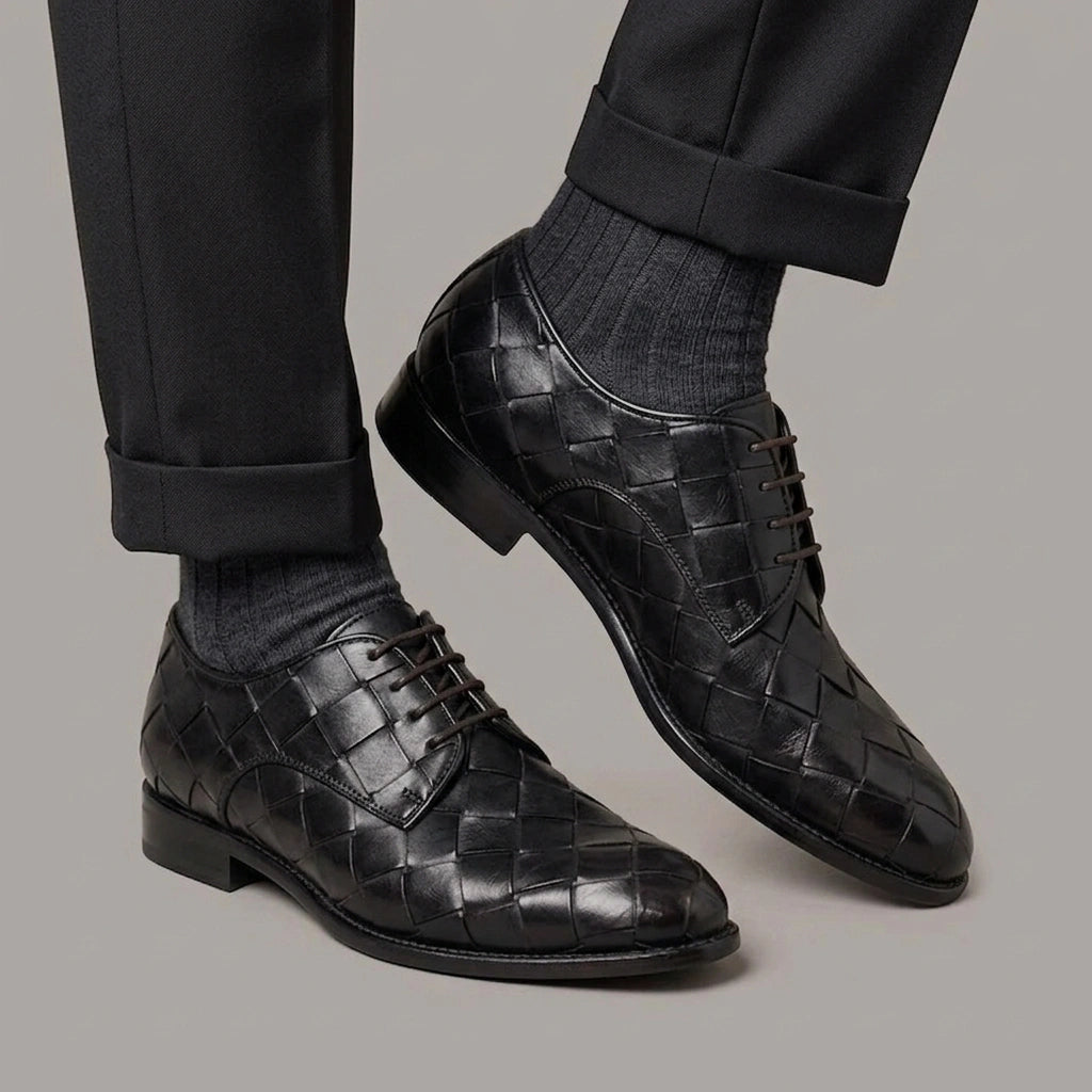 Derby noir vintage élégant pour homme en cuir tressé