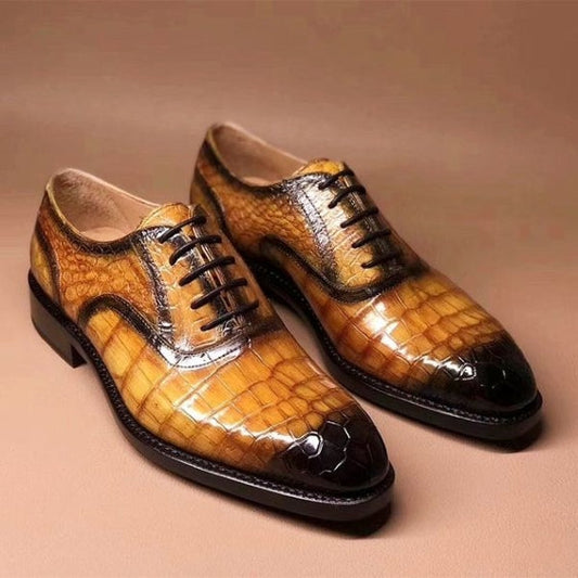 Men's Tan Patina Crocodile Leather Spectator Shoes