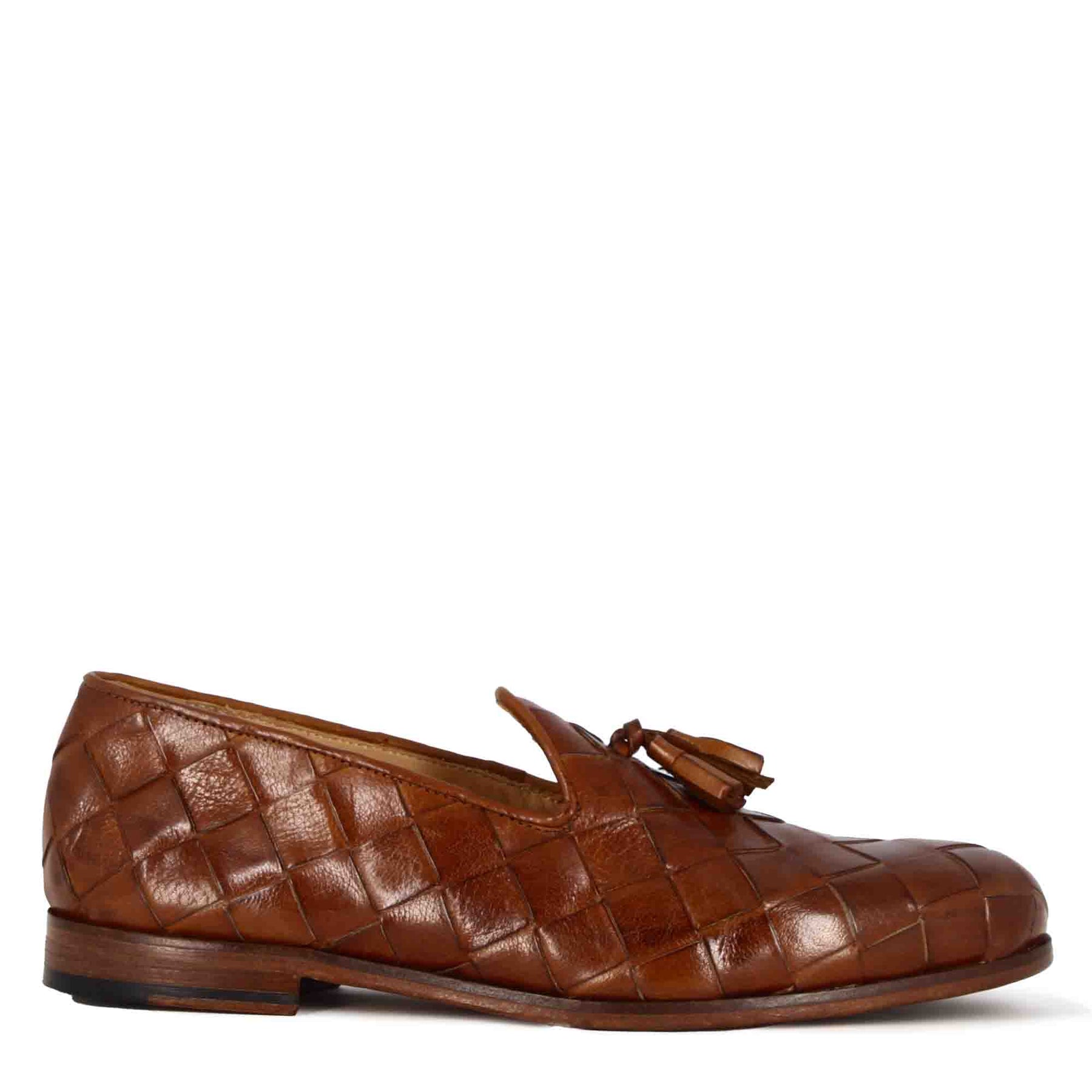 Herren-Loafer mit Quasten aus hellbraunem gewebtem Leder