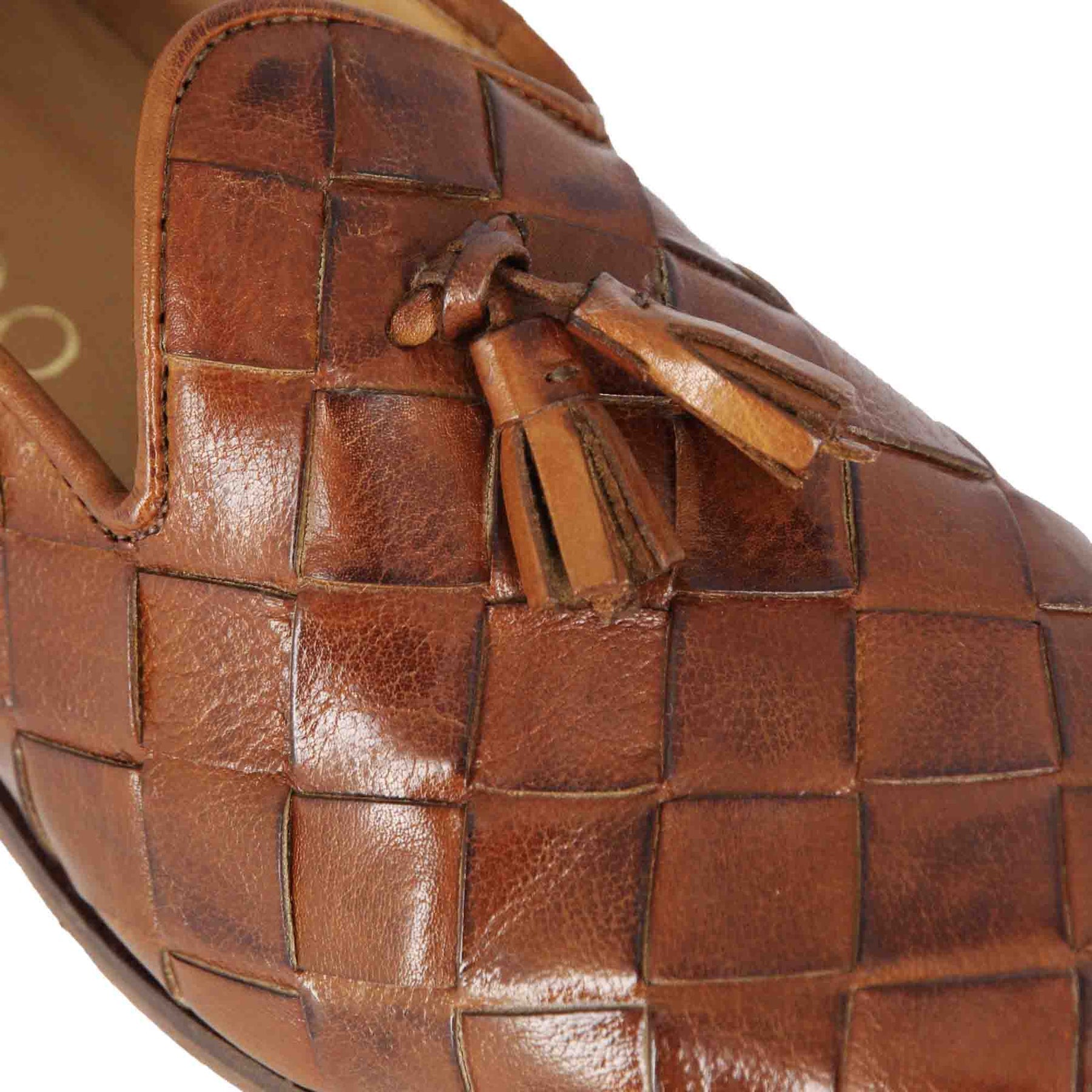 Herren-Loafer mit Quasten aus hellbraunem gewebtem Leder