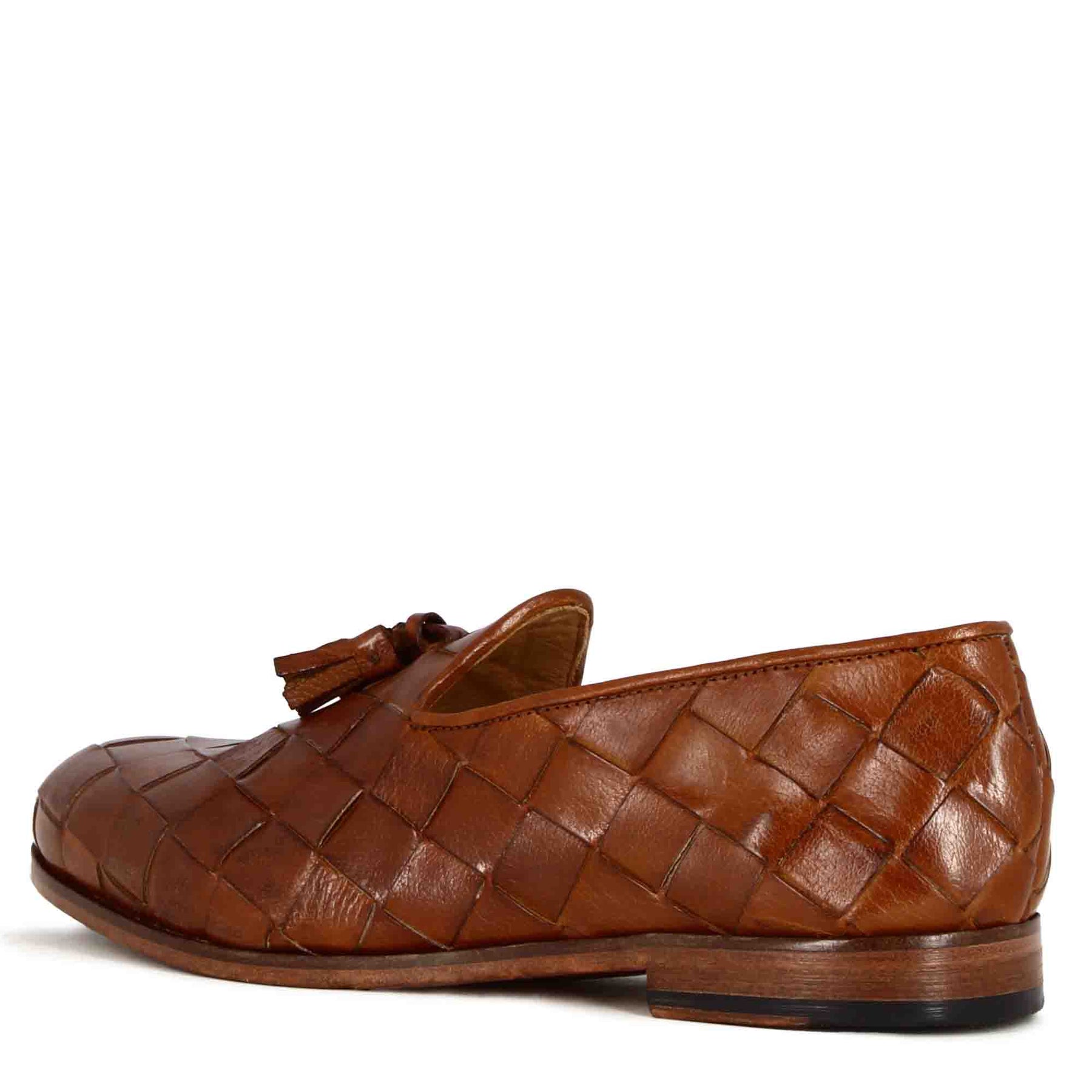Herren-Loafer mit Quasten aus hellbraunem gewebtem Leder