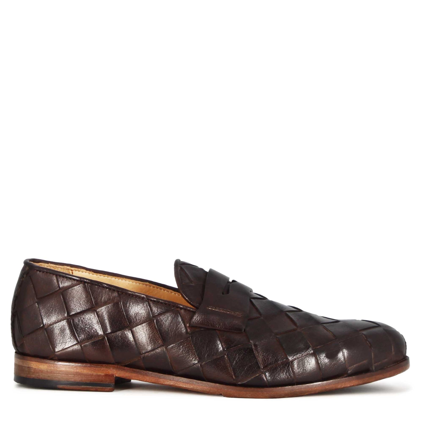 Eleganter dunkelbrauner Vintage-Loafer für Herren aus gewebtem Leder