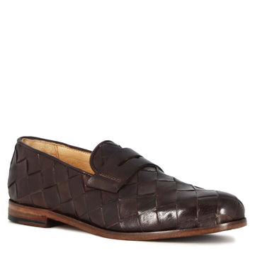 Eleganter dunkelbrauner Vintage-Loafer für Herren aus gewebtem Leder