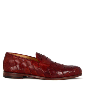 Mocassin homme en cuir tressé rouge fait main