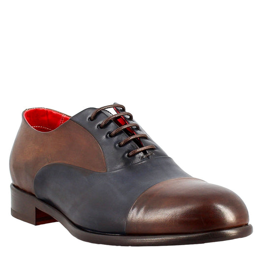 Dark brown and blue elegant men's oxford in leather and red lining