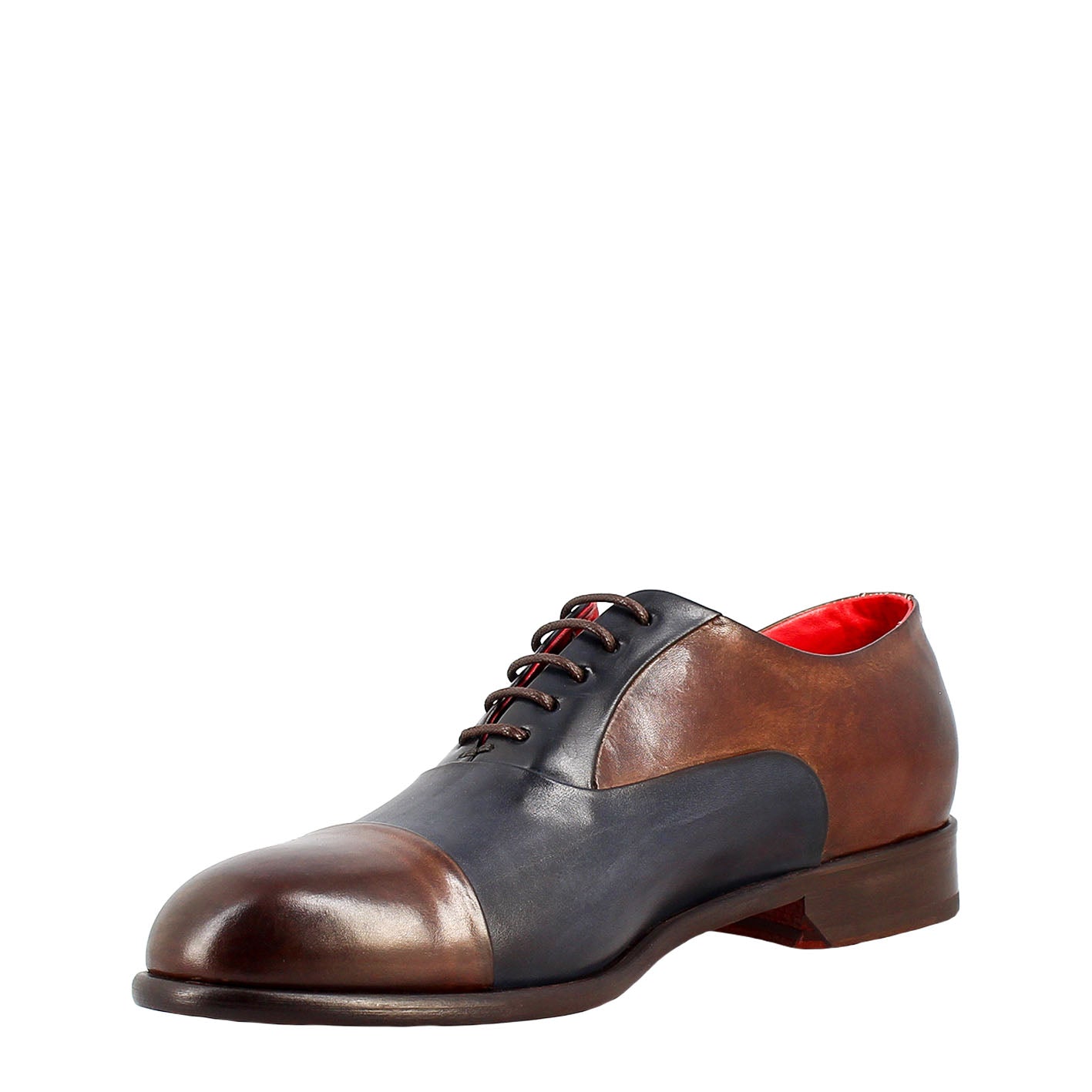 Dark brown and blue elegant men's oxford in leather and red lining