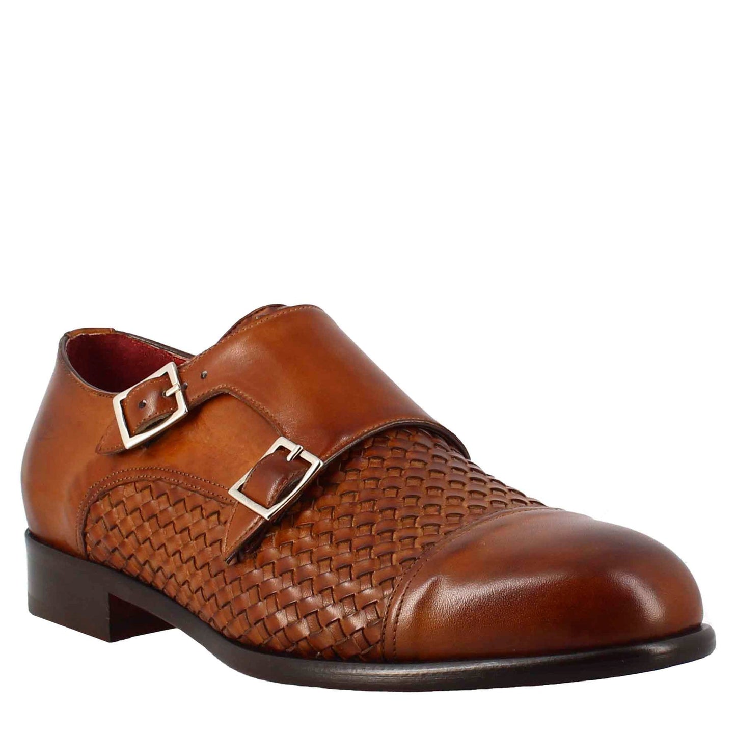 Men's double buckle shoe in sienna brown woven leather