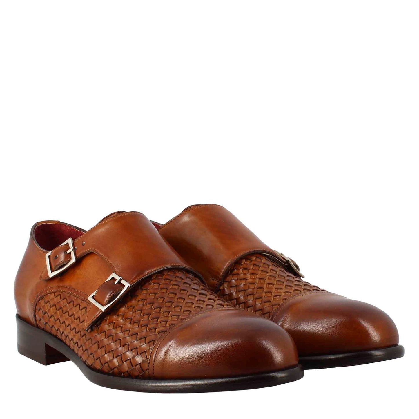 Men's double buckle shoe in sienna brown woven leather