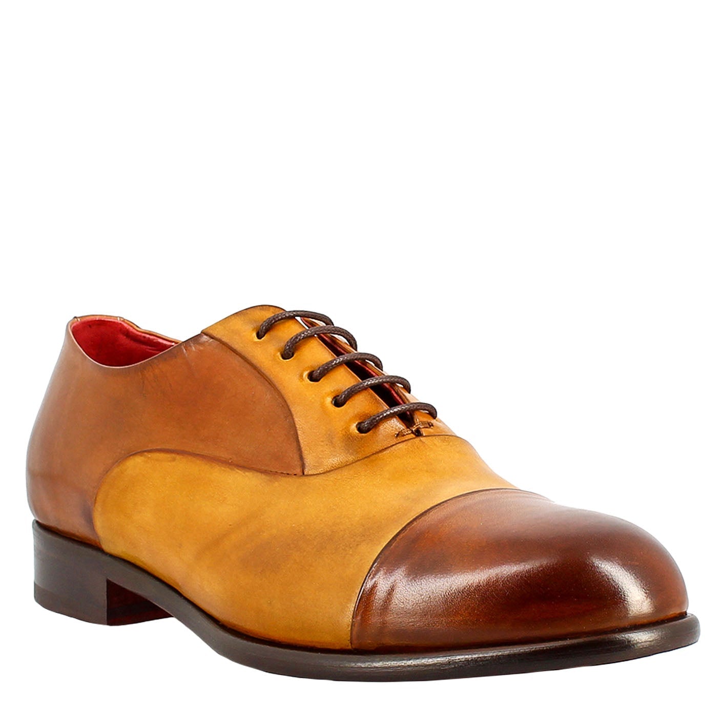 Elegant men's brown and yellow oxford in leather and red lining