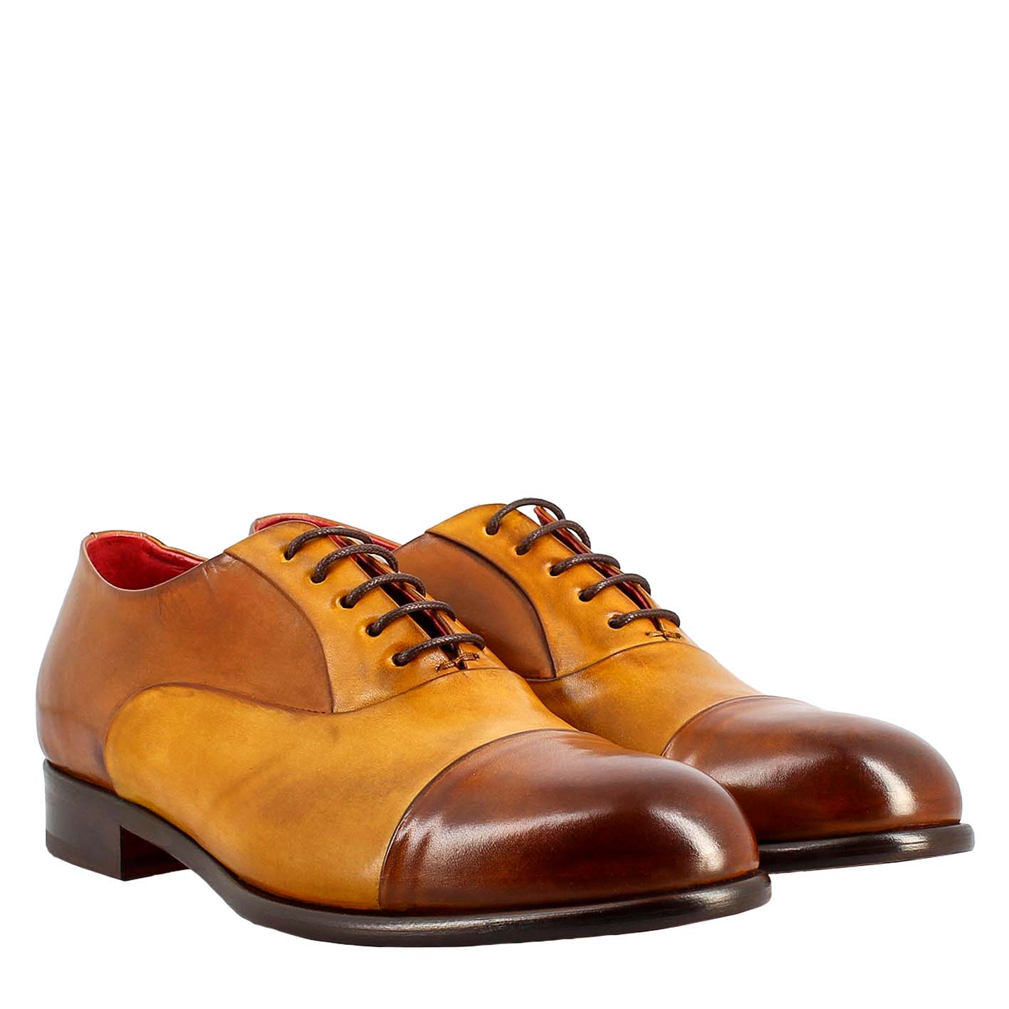 Elegant men's brown and yellow oxford in leather and red lining