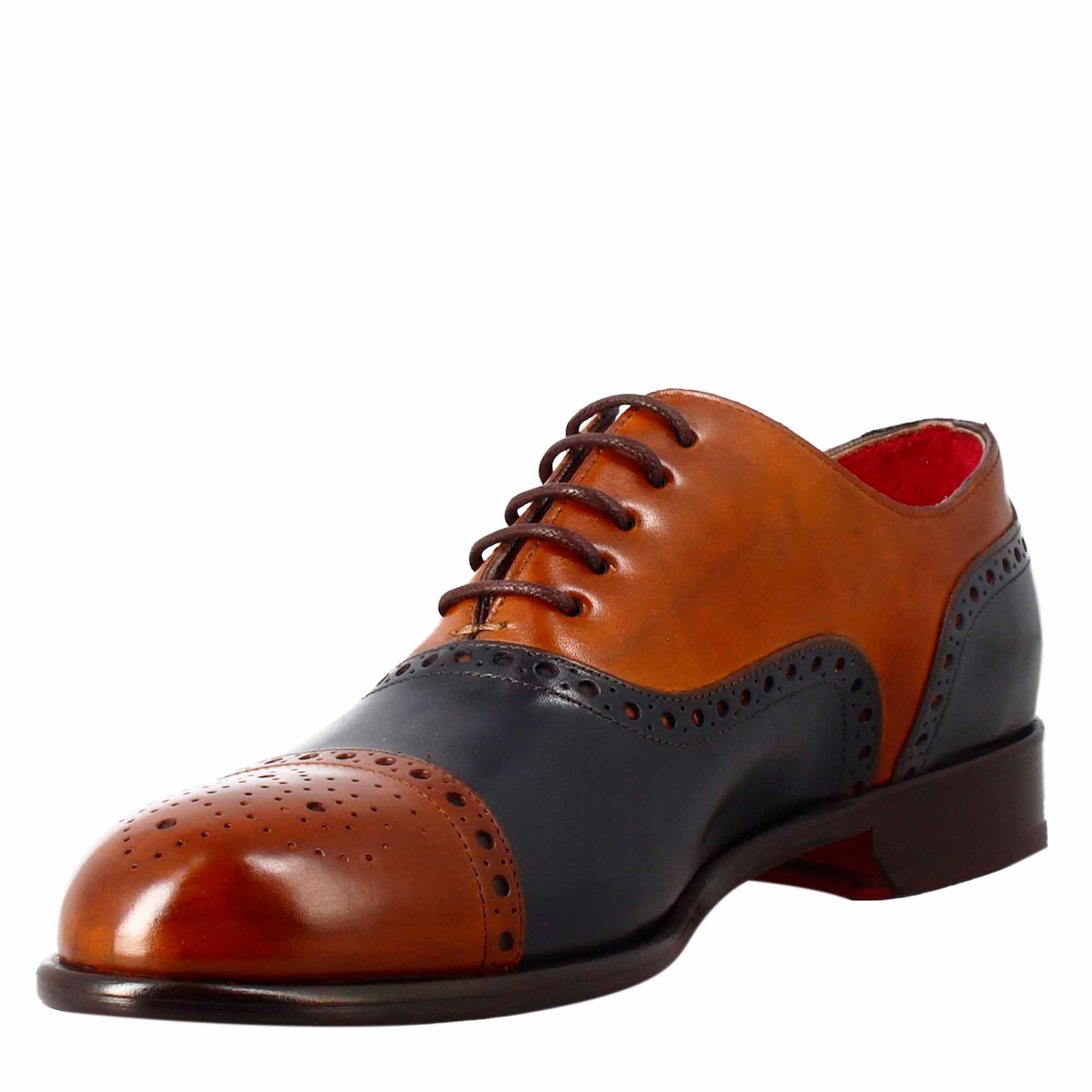 Élégant richelieu semi-brogue marron et bleu pour homme en cuir