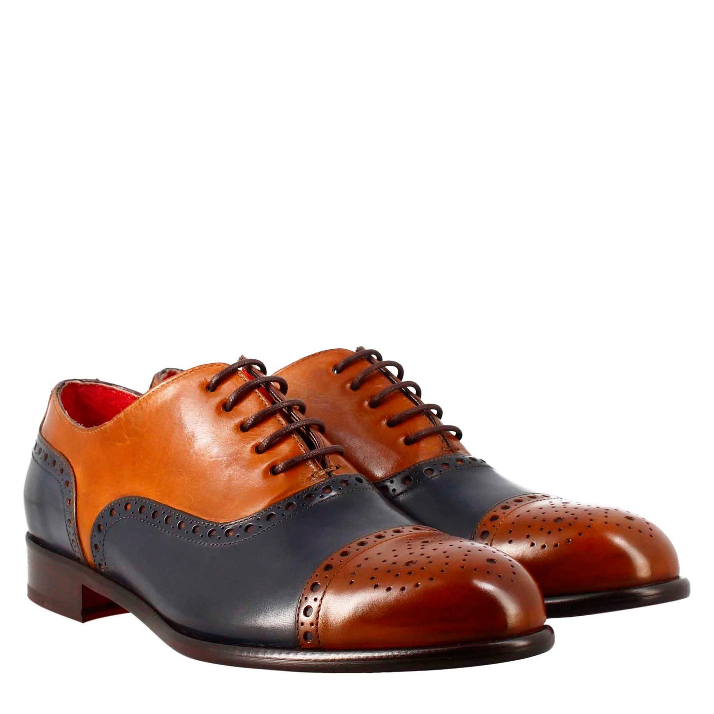 Elegant men's brown and blue semi brogue oxford in leather