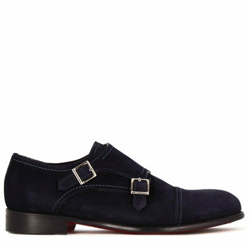 Double buckle men's shoe in blue suede
