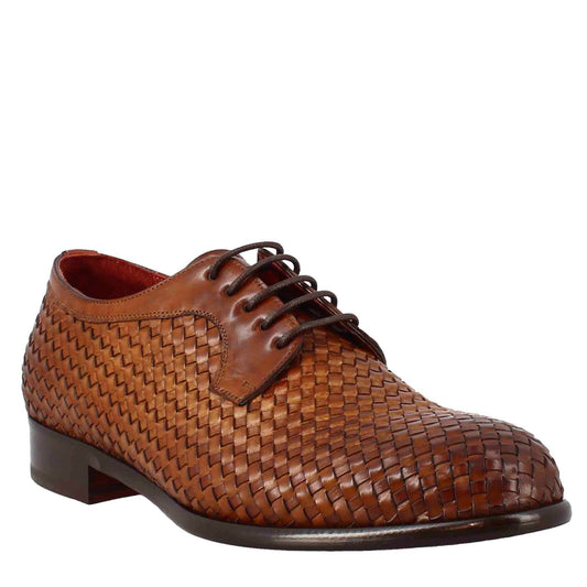 Elegant men's brown derby in woven full grain leather