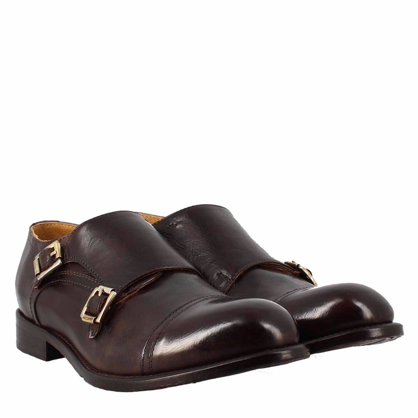 Men's elegant vintage bronze double buckle shoe in leather