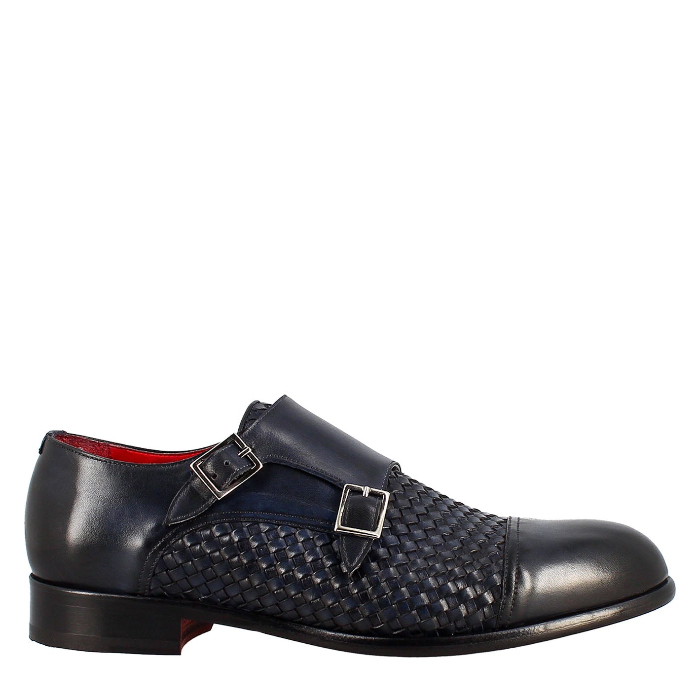 Men's double buckle shoe in blue woven leather