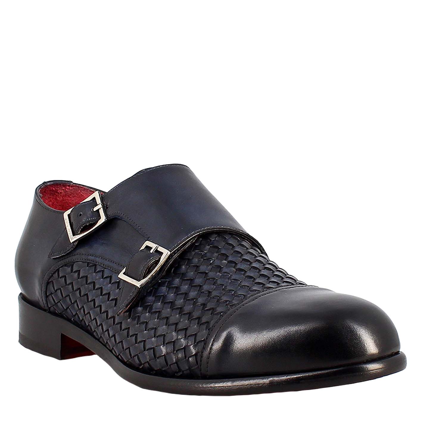 Men's double buckle shoe in blue woven leather